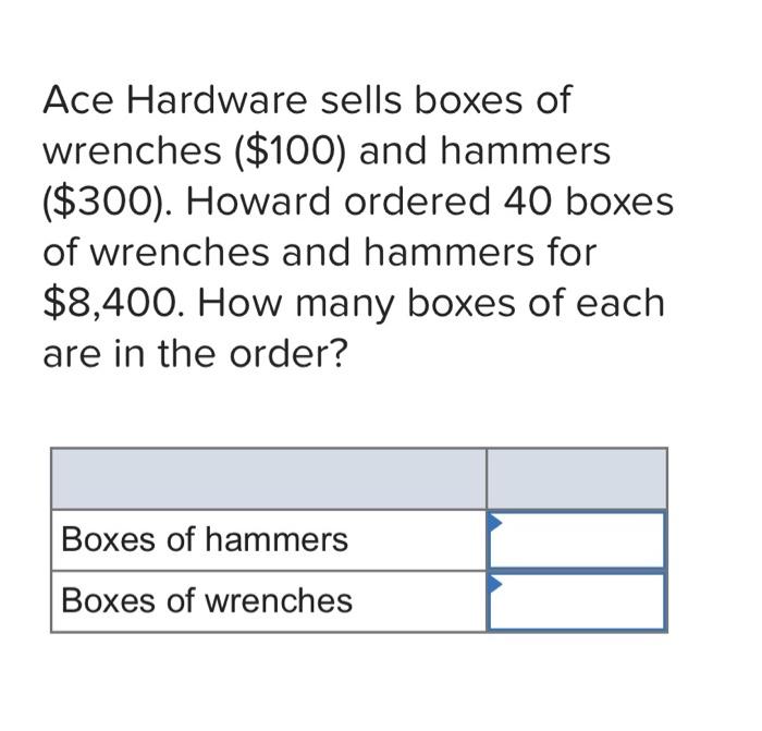 Solved Ace Hardware sells boxes of wrenches (\100) and