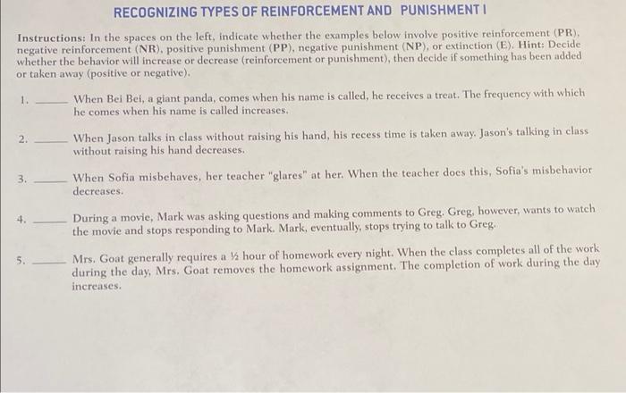 Solved RECOGNIZING TYPES OF REINFORCEMENT AND PUNISHMENTI | Chegg.com