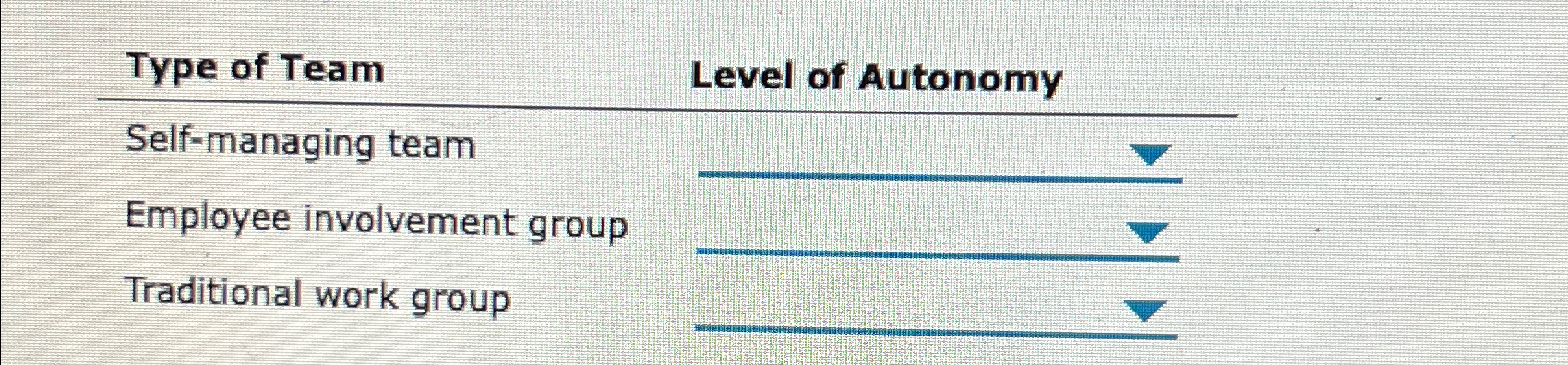 Solved Type of TeamLevel of AutonomySelf-managing | Chegg.com