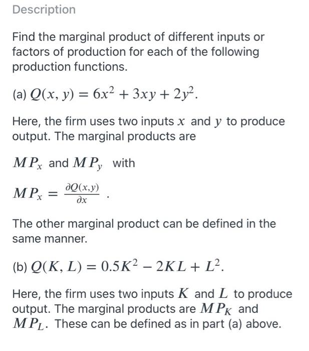 Solved Description Find The Marginal Product Of Different | Chegg.com