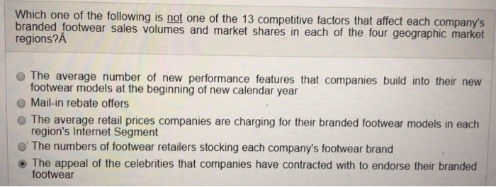 Which one of the following is not one of the 13 competitive factors that affect each companys branded footwear sales volumes