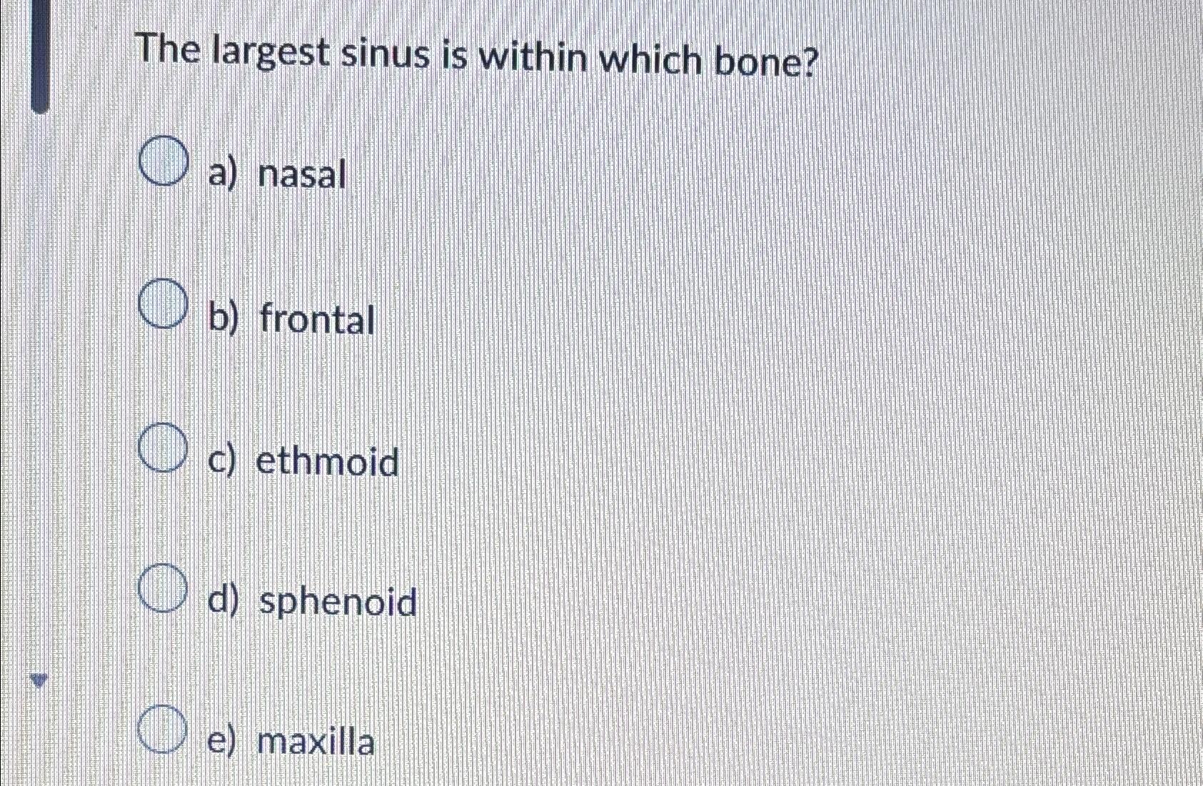 Solved The largest sinus is within which bone?a) ﻿nasalb) | Chegg.com