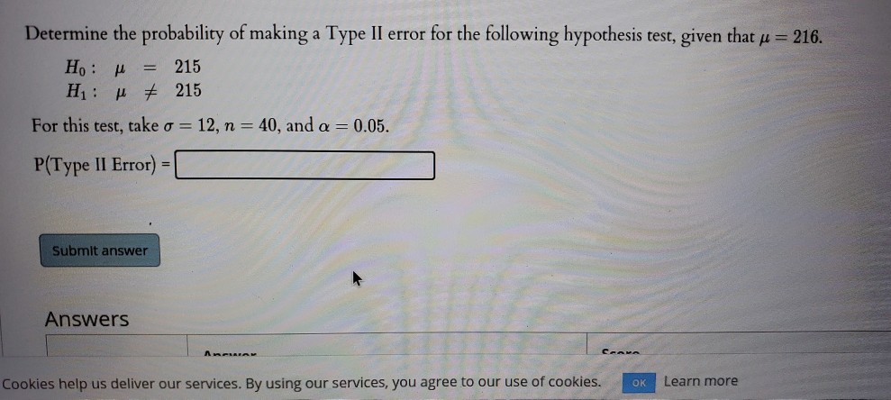 Solved Determine the probability of making a Type II error | Chegg.com