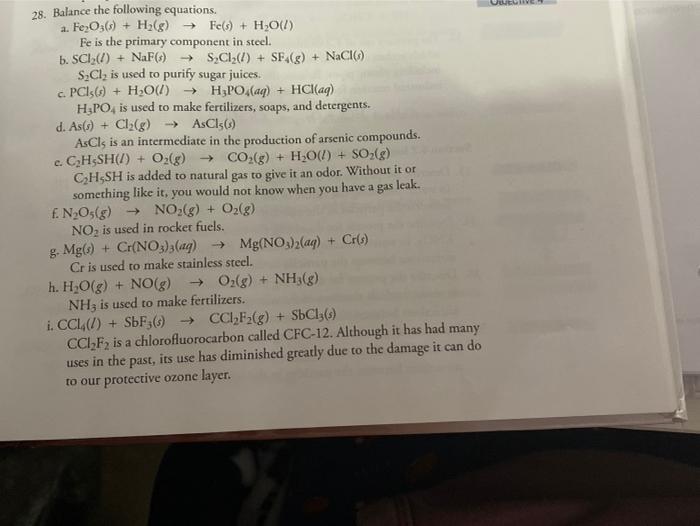 Solved 28. Balance The Following Equations. A. Fe2O3(-) + | Chegg.com