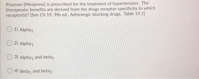 Prazosin (Minipress) is prescribed for the treatment of hypertension. The therapeutic benefits are derived from the drugs rec