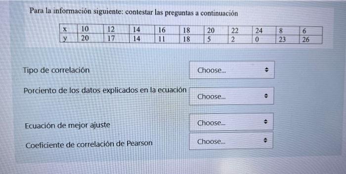 Para la información siguiente: contestar las preguntas a continuación 12 17 X y 10 20 14 14 16 11 Ecuación de mejor ajuste Co