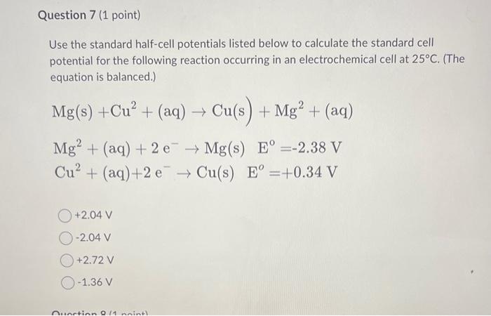 Use the standard half-cell potentials listed below to calculate the standard cell potential for the following reaction occurr