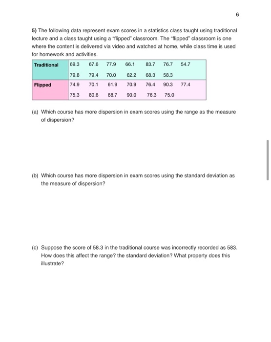 Solved 5) The following data represent exam scores in a | Chegg.com