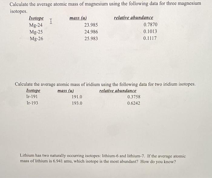 Solved Calculate the average atomic mass of magnesium using