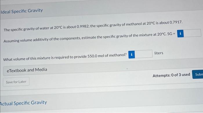 Solved Ideal Specific Gravity The specific gravity of water | Chegg.com