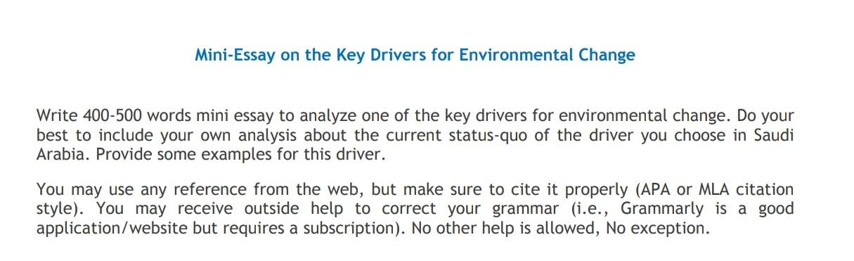 Solved Mini Essay On The Key Drivers For Environmental Chegg Com