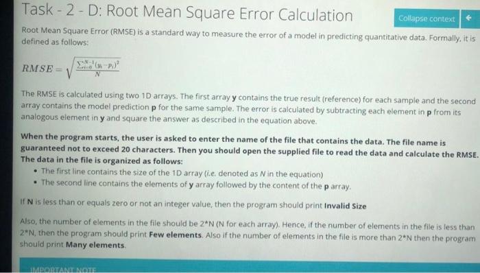 Solved Task - 2-D: Root Mean Square Error Calculation | Chegg.com