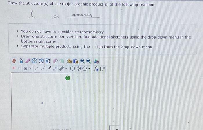 Draw the structure(s) of the major organic product(s) of the following reaction.
\[
\text { il }+\mathrm{KCN} \text { aqueous