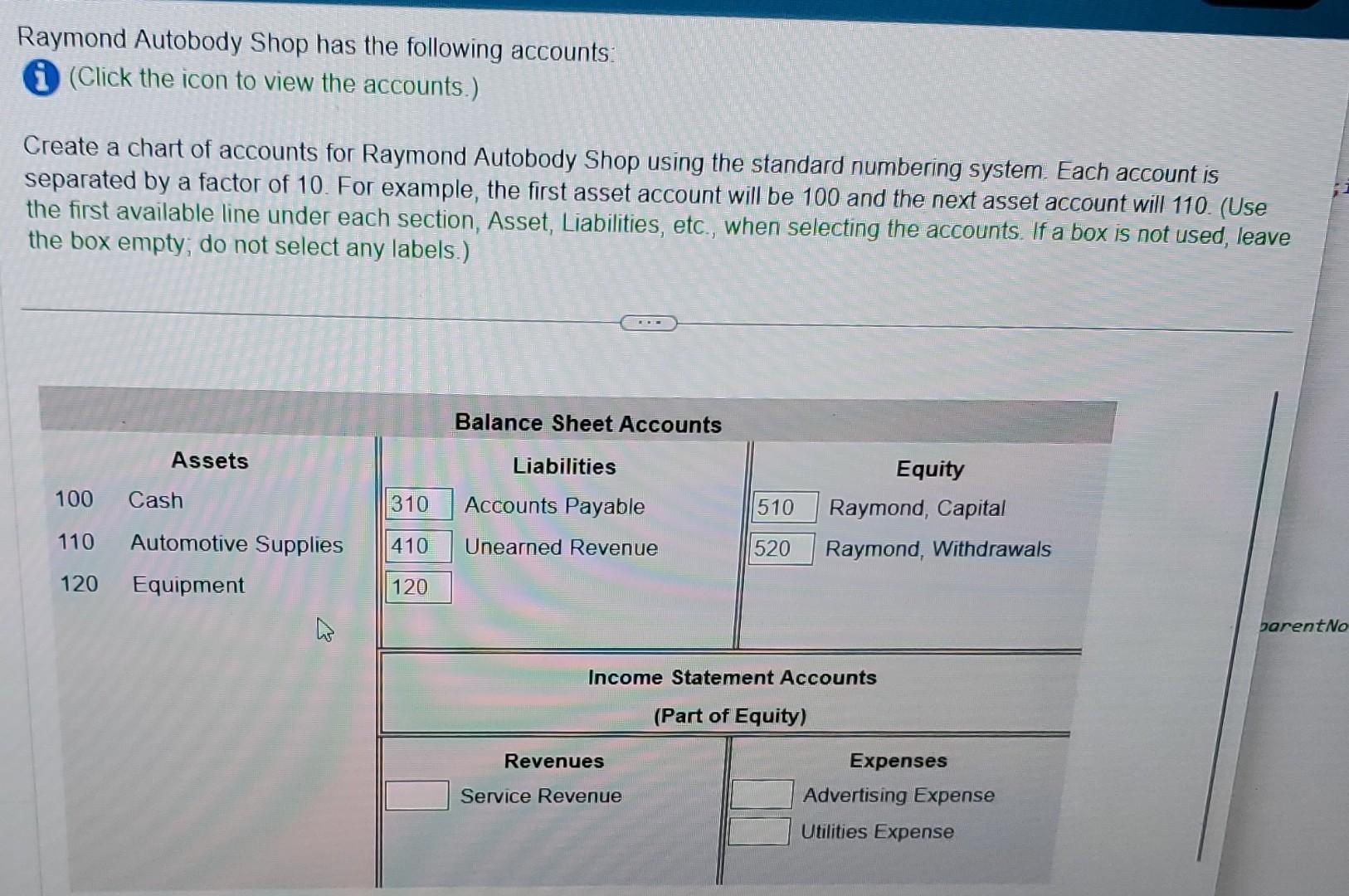 Raymond Autobody Shop has the following accounts