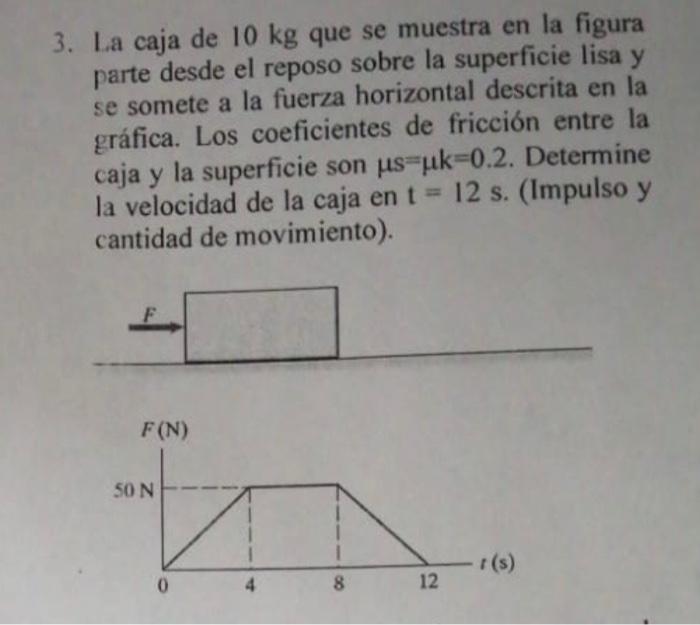 3. La caja de \( 10 \mathrm{~kg} \) que se muestra en la figura parte desde el reposo sobre la superficie lisa y se somete a