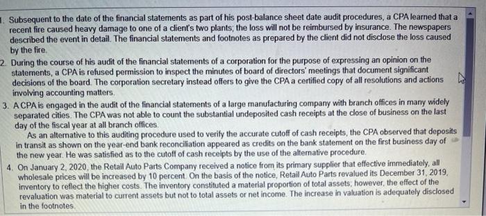 Solved 1. Subsequent to the date of the financial statements | Chegg.com