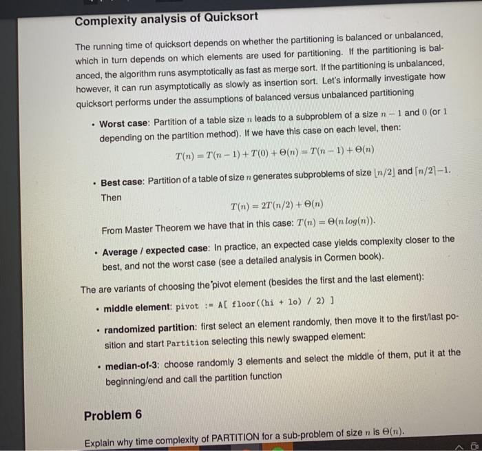 Solved Complexity analysis of Quicksort The running time of | Chegg.com