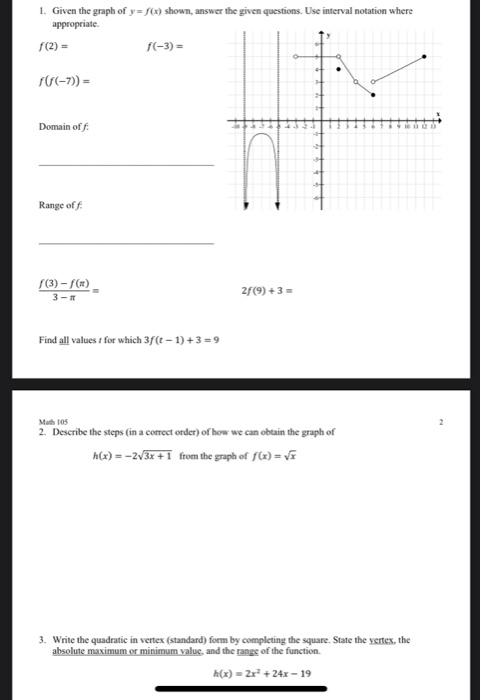 Solved 1. Given the graph of y=f(x) shown, answer the given | Chegg.com