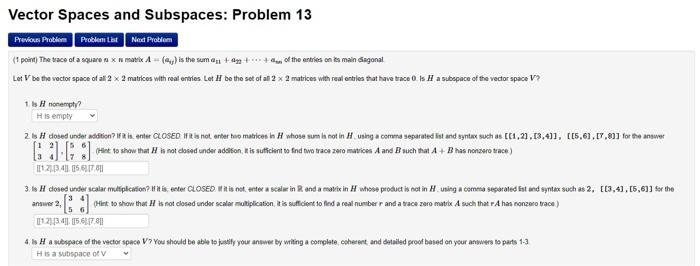 Solved Vector Spaces and Subspaces: Problem 13 Previous | Chegg.com