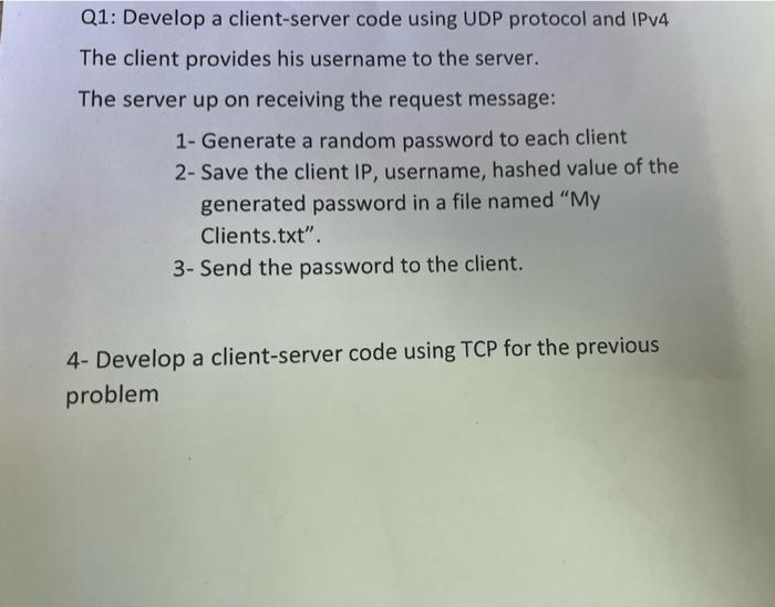 Q1: Develop a client-server code using UDP protocol | Chegg.com