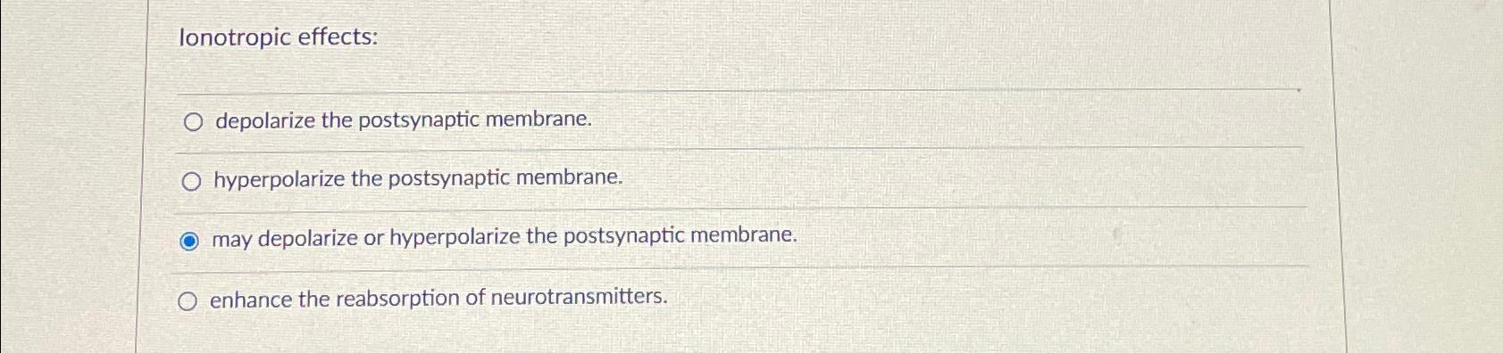 Solved Ionotropic effects:depolarize the postsynaptic | Chegg.com