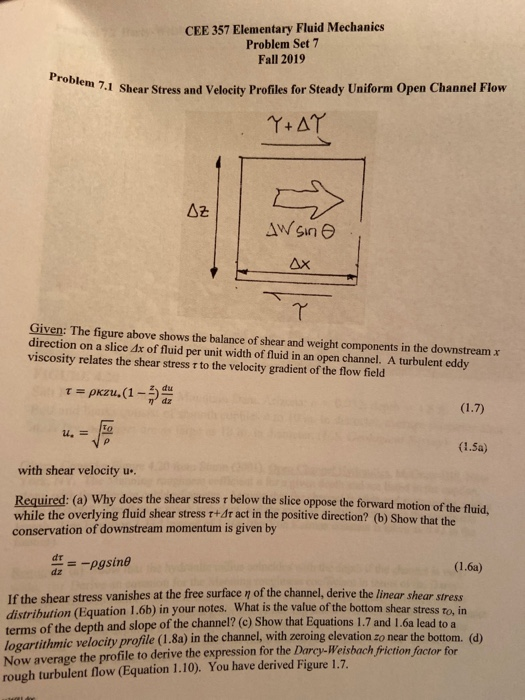 Cee 357 Elementary Fluid Mechanics Problem Set 7 F Chegg Com