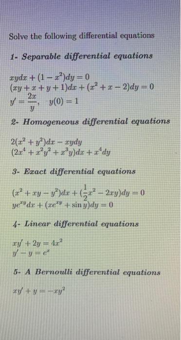 Solved Solve the following differential equations 1- | Chegg.com