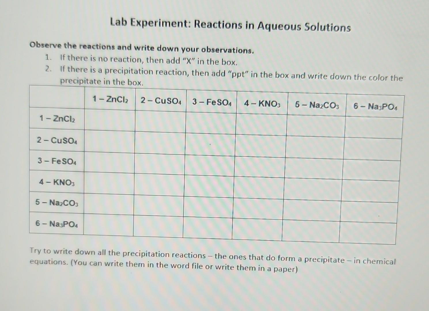 Solved Lab Experiment: Reactions in Aqueous Solutions | Chegg.com