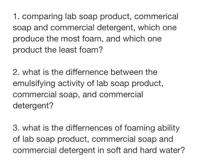 Solved 1. comparing lab soap product, commerical soap and