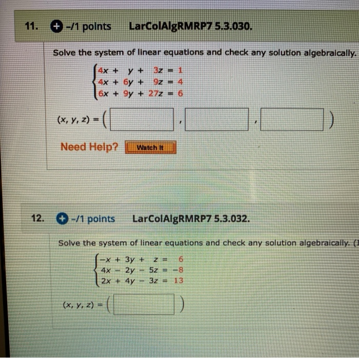 Solved + -/1 points LarColAlgRMRP7 5.3.030. Solve the system | Chegg.com