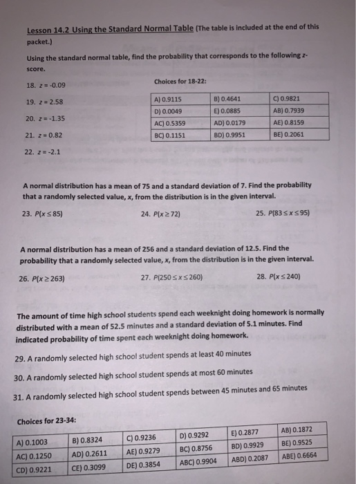 Worked Normal Table Exercises Solved Lesson 14.2 Using the Standard Normal Table (The | Chegg.com