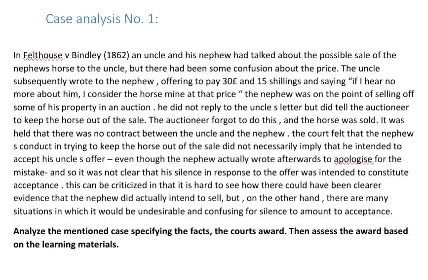 Solved Case Analysis No 1 In Felthouse V Bindley 1862 An Chegg Com