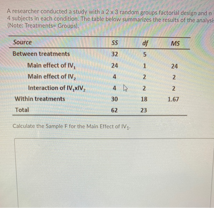 Solved A researcher conducted a study with a 2 x 3 random | Chegg.com