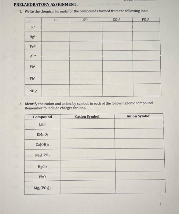 Solved RRELABORATORY ASSIGNMENT: 1. Write the chemical | Chegg.com