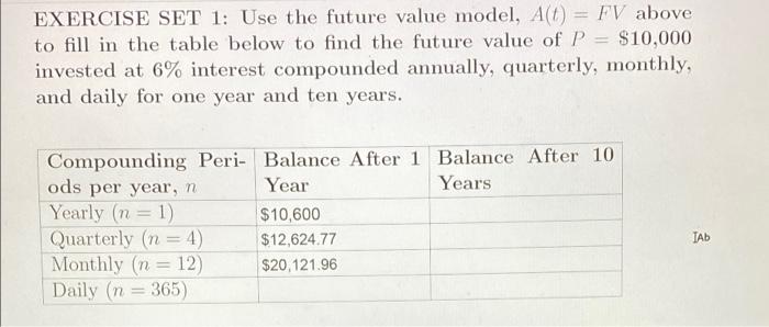 Solved EXERCISE SET 1: Use the future value model, Alt) FV | Chegg.com