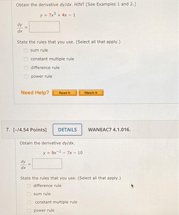 Solved Obtain the derivative dy/dx. HINT (See Examples 1 and | Chegg.com