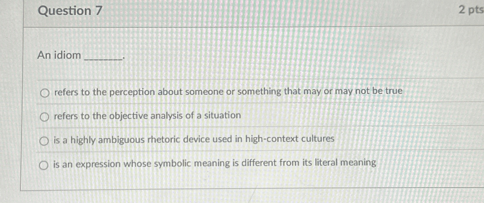 Solved Question 7An idiomrefers to the perception about | Chegg.com