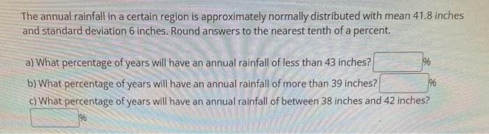 Solved The annual rainfall in a certain region is | Chegg.com