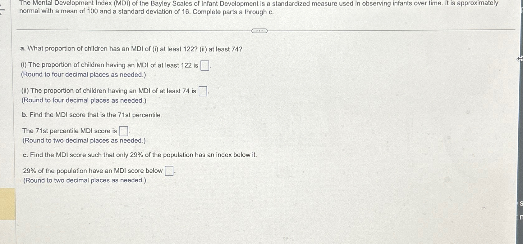 Solved The Mental Development Index (MDI) ﻿of the Bayley | Chegg.com