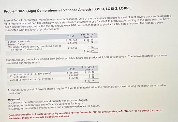 Solved Problem 10-9 (Algo) Comprehensive Variance Analysis | Chegg.com