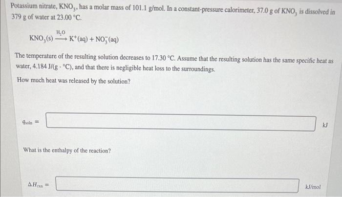 Solved Potassium nitrate, KNO3, has a molar mass of 101.1 | Chegg.com