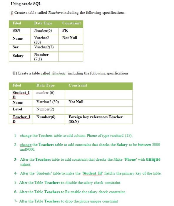 Solved Using Oracle Sql I Create A Table Called Teachers Chegg Com