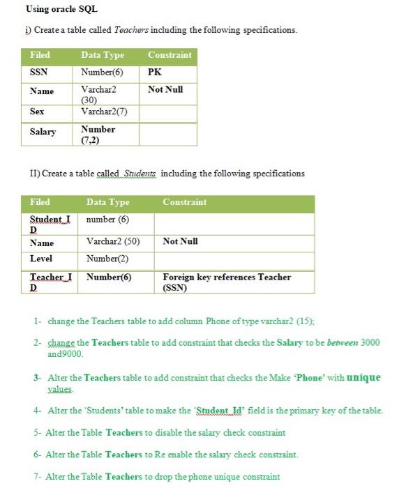 Solved Using Oracle Sql I Create A Table Called Teachers Chegg Com