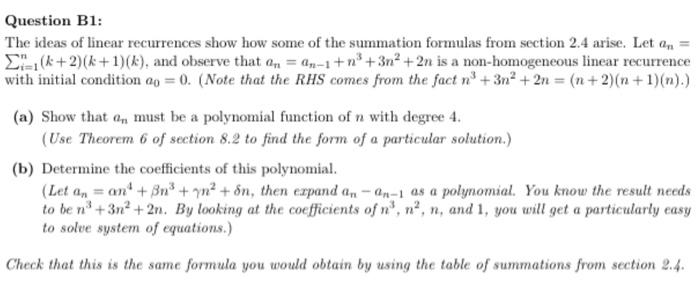 Solved Question B1: The Ideas Of Linear Recurrences Show How | Chegg.com