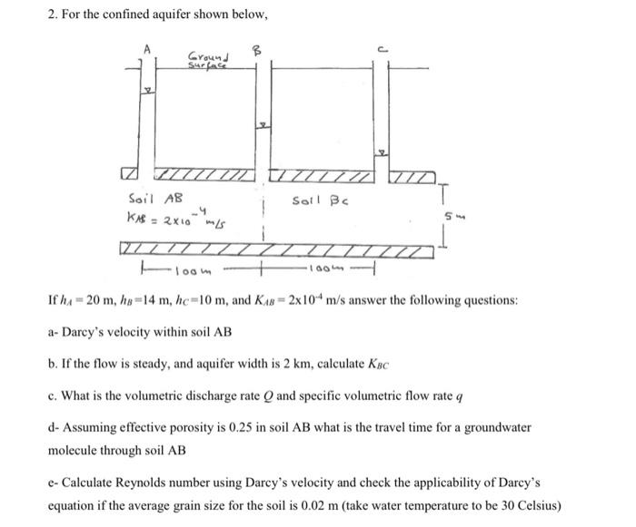Solved 2. For the confined aquifer shown below, If hA=20 | Chegg.com