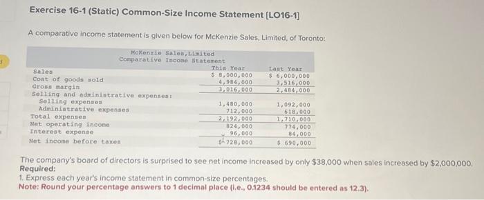 Solved Exercise 16-1 (Static) Common-Size Income Statement