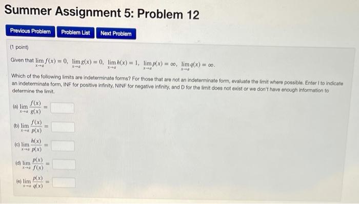 Solved Summer Assignment 5: Problem 12 Previous Problem | Chegg.com
