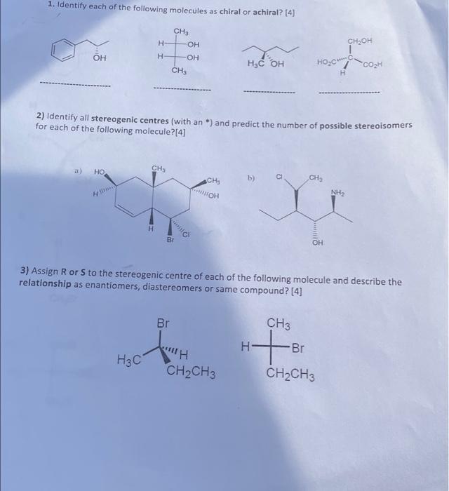 Solved 1. Identify each of the following molecules as chiral | Chegg.com