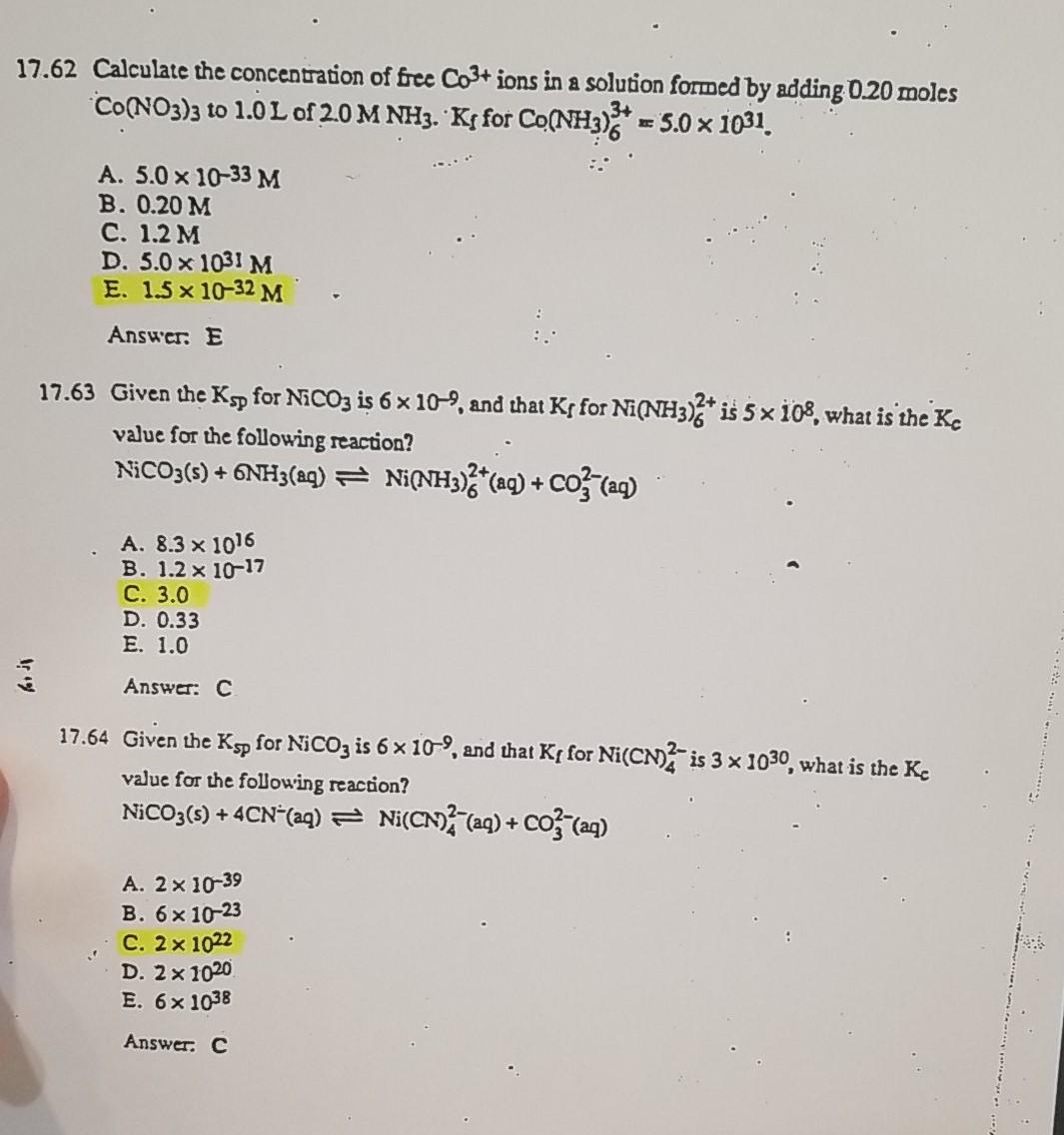 Solved 17.62 Calculate the concentration of free Co3+ ions | Chegg.com