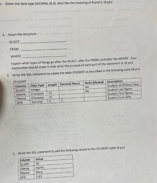 Solved 1. Given the data type DECIMAL (8,3), describe the | Chegg.com